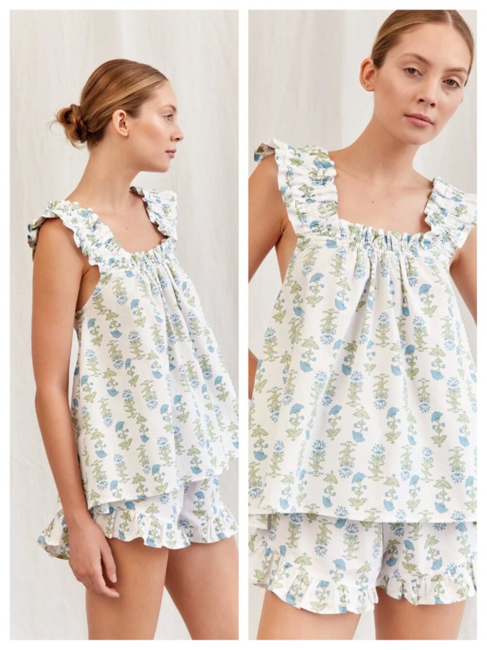 Piyama Nicolette Sleep Set 100% Cotton Shorts/Tank Ruffle Trim M Lotus Flower